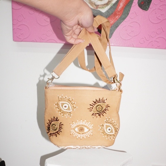 Tan Crossbody Bag with Embroidered Floral Design - Picture 3 of 3